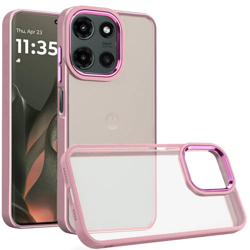 For Motorola Edge 2025 Polished Oil Thick Acrylic Metal Button Hybrid Case Cover - Light Pink