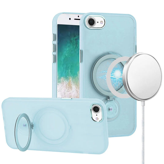 For iPhone SE4 Hoop Kickstand [Magnetic Circle] HD Transparent Chrome Hybrid - Sky Blue