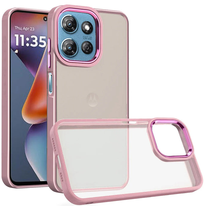 For Motorola Moto G 5G 2025 Polished Oil Thick Acrylic Metal Button Hybrid Case Cover - Light Pink