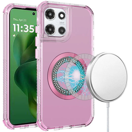 For Motorola Moto G Power 5G 2025 Magnetic Ring Circle Bling Chrome 3in1 Hybrid Case - Pink