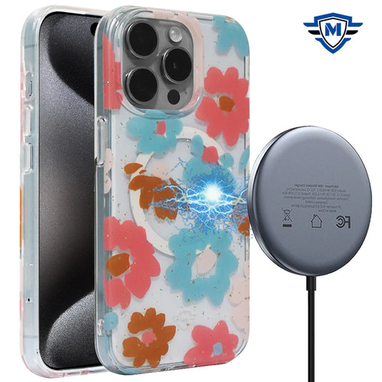 For iPhone 15 Plus METKASE Floral Design [Magnetic Circle] Transparent Hybrid - Sunflower