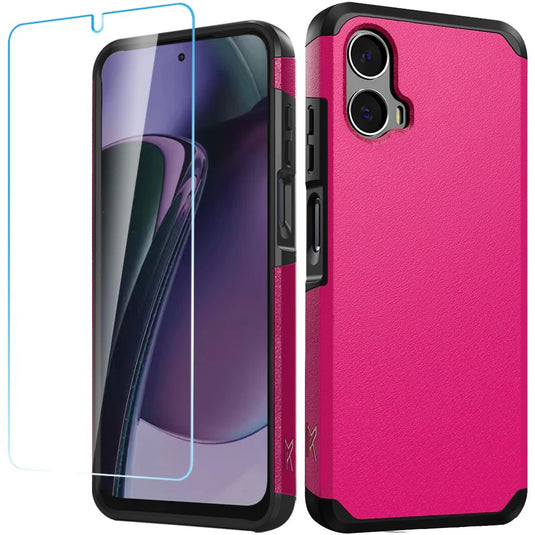 For Motorola Moto G Stylus 5G 2024 Tough Strong Hybrid Case Cover + Tempered Glass - Hot Pink