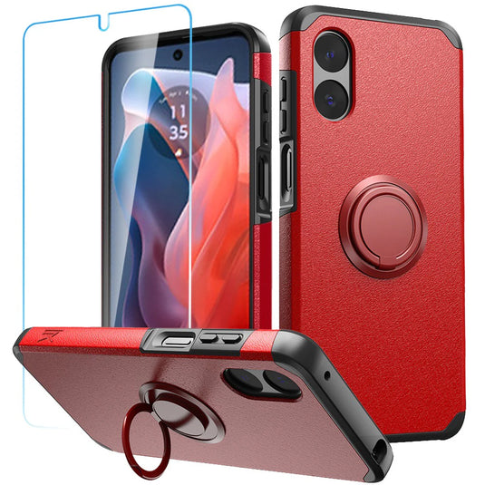 For Motorola Moto G Play 2024 Tough Hybrid With Ring Stand + Tempered Glass - Red