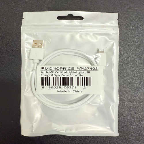 Monoprice Essential Apple MFi Certified Lightning to USB USB-A Charging Cable - 3ft White-plastic bag w UPC (LANE B4 BOTTOM)
