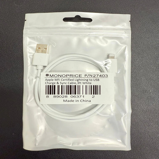 Monoprice Essential Apple MFi Certified Lightning to USB USB-A Charging Cable - 3ft White-plastic bag w UPC (LANE B4 BOTTOM)
