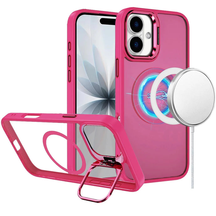 For iPhone 17 Fearless Tough HQ Metallic Hybrid with Camera Ring Stand [Magnetic Circle] Case - Hot Pink