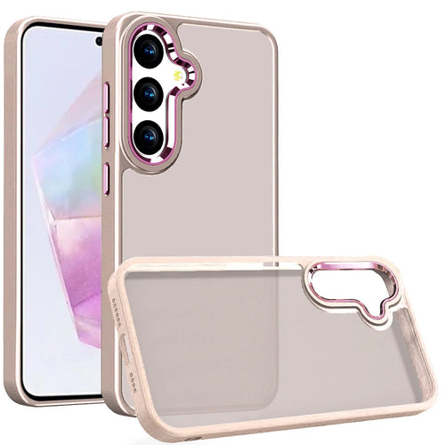 For Samsung Galaxy A36 Polished Oil Thick Acrylic Metal Button Hybrid Case Cover - Beige