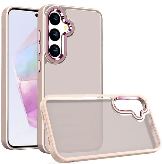For Samsung Galaxy A36 Polished Oil Thick Acrylic Metal Button Hybrid Case Cover - Beige