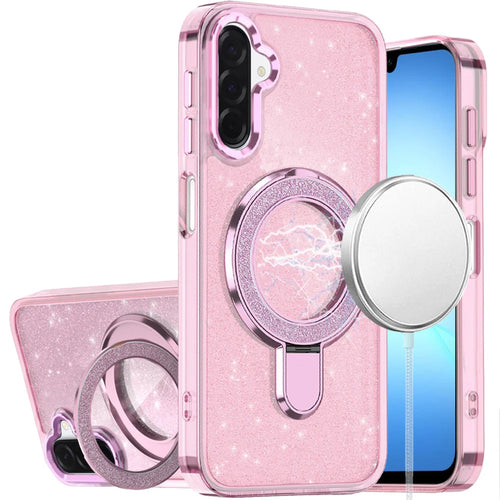 For Samsung A17 5G Transparent Glitter Rotaional Magnetic Ring Stand HQ Hybrid - Light Pink