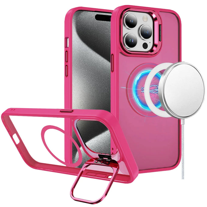 For iP15 Pro Max Fearless Tough HQ Metallic Hybrid with Camera Ring Stand [Magnetic Circle] Case - Hot Pink