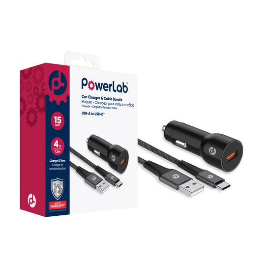 PowerLab 2in1 Bundle 15W USB-A Car Charger with 4ft USB-A to C Cable - Black Universal Black