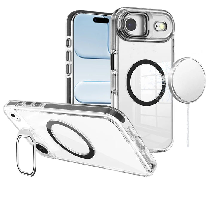 For iPhone 17 Air Camera Metallic Stand [Magnetic Circle] Transparent Colorful Matching Edged Tough Hybrid Case - Black
