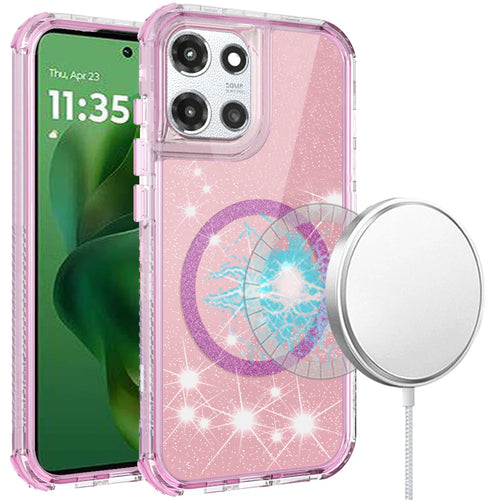 For Motorola Moto G Power 5G 2025 Magnetic Ring Glitter 3in1 Hybrid Case Cover - Pink