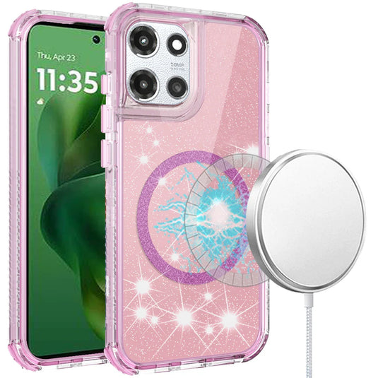 For Motorola Moto G Power 5G 2025 Magnetic Ring Glitter 3in1 Hybrid Case Cover - Pink