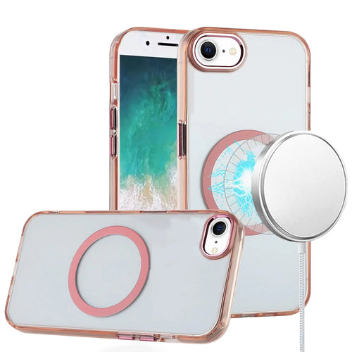 For iPhone SE4 Magnetic Circle Ring Transparent Premium Acrylic with Metal Buttons & Camera Raised Lip - Rose Gold