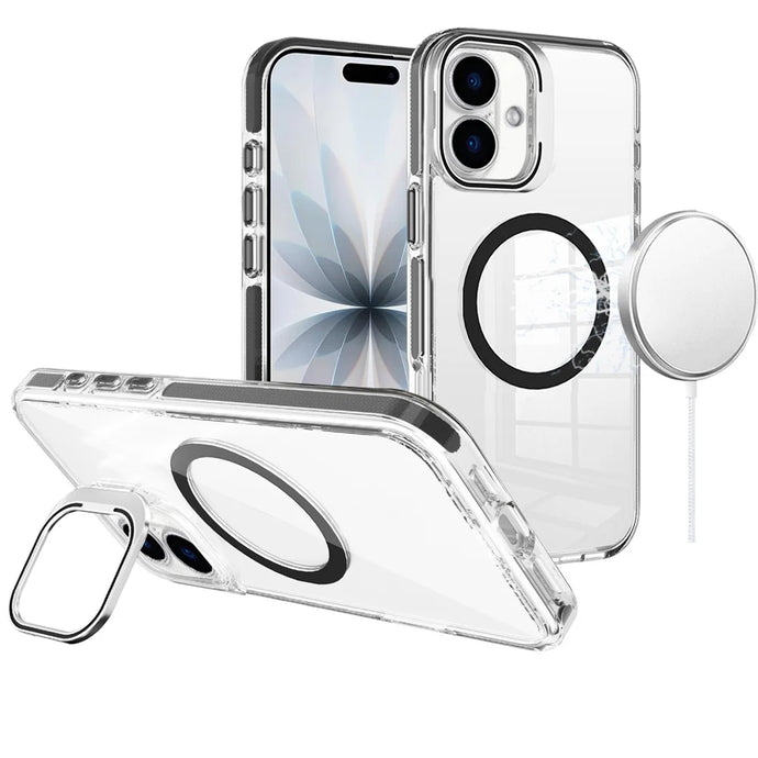 For iPhone 17 Camera Metallic Stand [Magnetic Circle] Transparent Colorful Matching Edged Tough Hybrid Case - Black