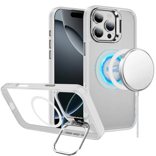 For iPhone 16 Pro Max 6.9 inch Fearless Tough HQ Metallic Hybrid with Camera Ring Stand [Magnetic Circle] Case - Clear