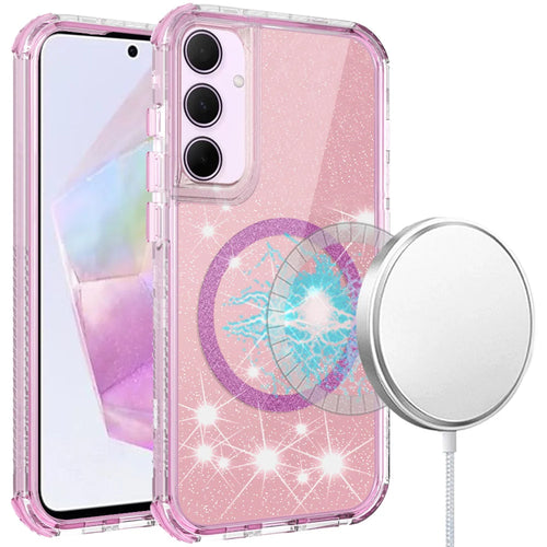 For Samsung Galaxy A36 Magnetic Ring Glitter 3in1 Hybrid Case Cover - Pink