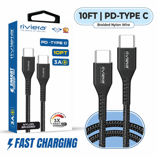 Premium Package - 10FT Fast Charging Cable [Type C - Type C (PD)] Nylon Braided - Black (54)