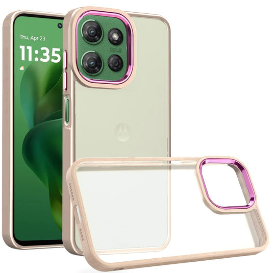 For Motorola Moto G Power 5G 2025 Polished Oil Thick Acrylic Metal Button Hybrid Case Cover - Beige