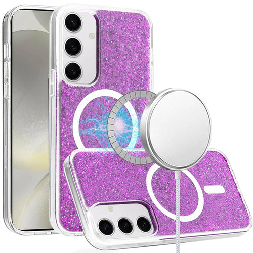 For Samsung s25 Plus/s24 Plus Epoxy Glitter [Magnetic Circle] ShockProof Hybrid 2.5mm Thick - Hot Pink