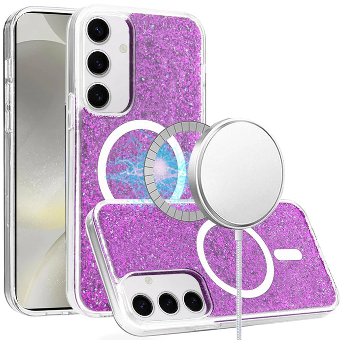For Samsung s25 Plus/s24 Plus Epoxy Glitter [Magnetic Circle] ShockProof Hybrid 2.5mm Thick - Hot Pink