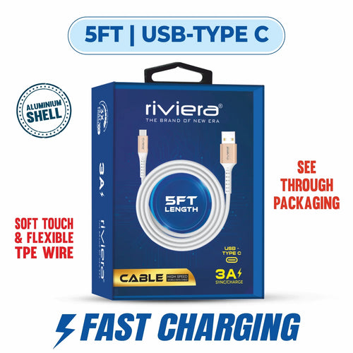 Clear Blister - 5FT Fast Charging Cable [USB - Type C (PD)] - White w/ Golden Shell (74)