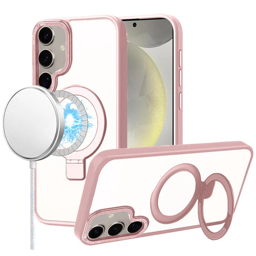 For Samsung s25 Plus/s24 Plus Metal Chrome Kickstand [Magnetic Circle] Shockproof Matching Camera Hybrid - Pink