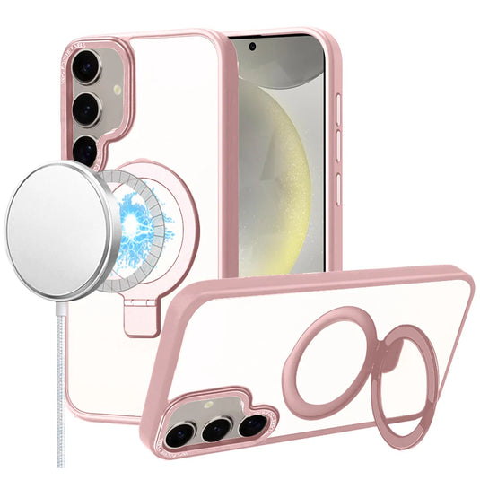For Samsung s25 Plus/s24 Plus Metal Chrome Kickstand [Magnetic Circle] Shockproof Matching Camera Hybrid - Pink