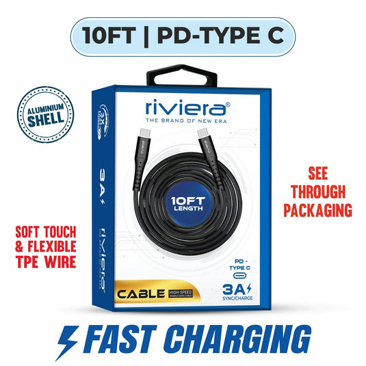 Clear Blister - 10FT Fast Charging Cable [Type C - Type C (PD)] - Black w/ Black Shell (84)