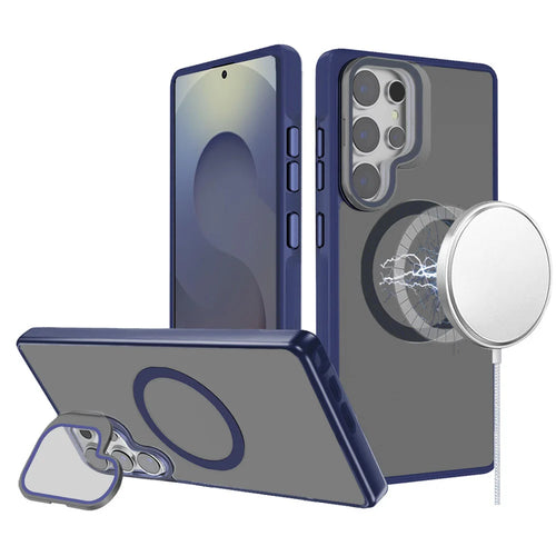For Samsung s25 Ultra Frame Aluminium Camera Stand Metallic Buttons [Magnetic Circle] Tough HQ Hybrid Case - Navy Blue