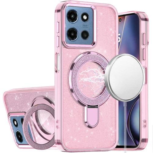 For Motorola Moto G 5G 2025 Transparent Glitter Rotaional Magnetic Ring Stand HQ Hybrid - Light Pink