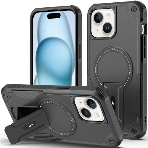 For iPhone 15 Sturdy Bracket Kickstand Magnetic Hybrid - Black