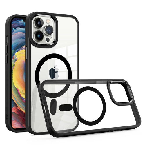 For iPhone 15 Greatest Clear Acrylic Thick Metal Button Hybrid - Black