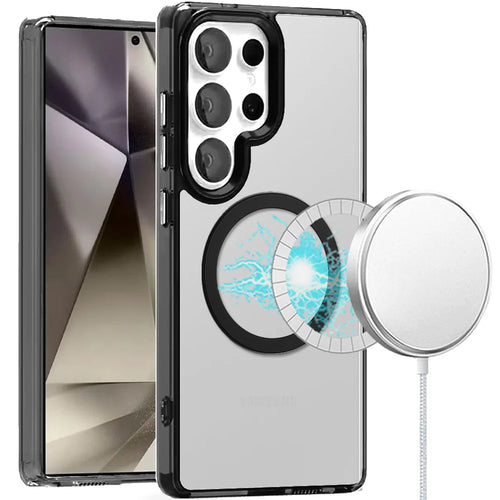 For Samsung Galaxy s25 Ultra Magnetic Circle Ring Transparent Premium Acrylic with Metal Buttons & Camera Raised Lip - Black