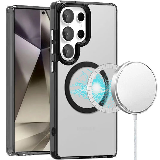 For Samsung Galaxy s25 Ultra Magnetic Circle Ring Transparent Premium Acrylic with Metal Buttons & Camera Raised Lip - Black