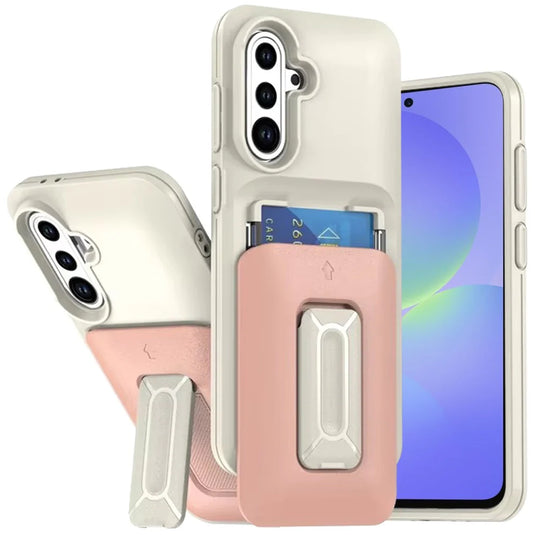 For Samsung Galaxy A36 Card Holder (2X) with Wrist Strap Hybrid With KickStand - Beige+Light Pink