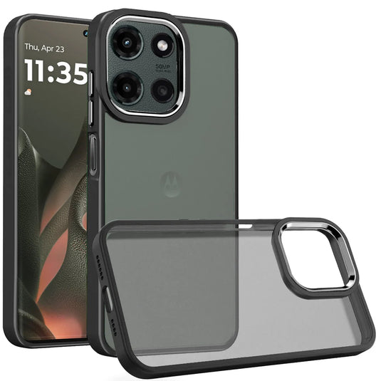 For Motorola Edge 2025 Polished Oil Thick Acrylic Metal Button Hybrid Case Cover - Black