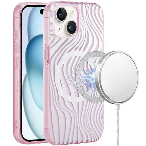 For iPhone 15 [Magnetic Circle] Double Layer Design IMD TPU Case - Wave Pink Zebra Stripes