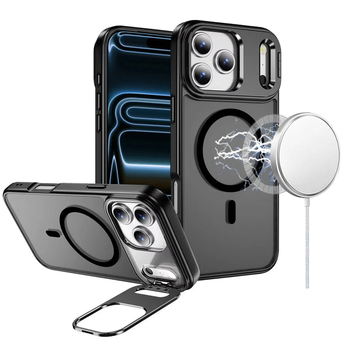 For iPhone 17 Pro Fearless Tough HQ Metallic Hybrid with Camera Ring Stand [Magnetic Circle] Case - Black