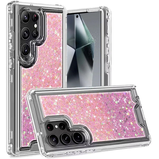 For Samsung s25 Ultra Epoxy Sticker Glitter 3in1 Shockproof Transparent Hybrid Case - Pink + Light Purple