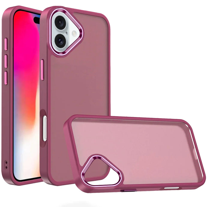 For iPhone 16 6.1 inch Polished Oil Thick Acrylic Metal Button Hybrid Case Cover - Burgundy