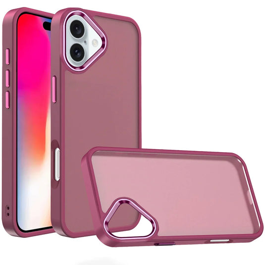 For iPhone 16 6.1 inch Polished Oil Thick Acrylic Metal Button Hybrid Case Cover - Burgundy