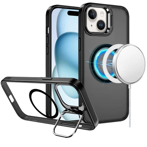 For iPhone 15 Fearless Tough HQ Metallic Hybrid with Camera Ring Stand [Magnetic Circle] Case - Black