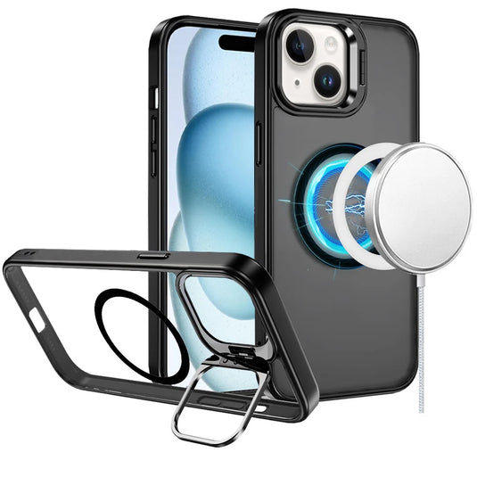 For iPhone 15 Fearless Tough HQ Metallic Hybrid with Camera Ring Stand [Magnetic Circle] Case - Black