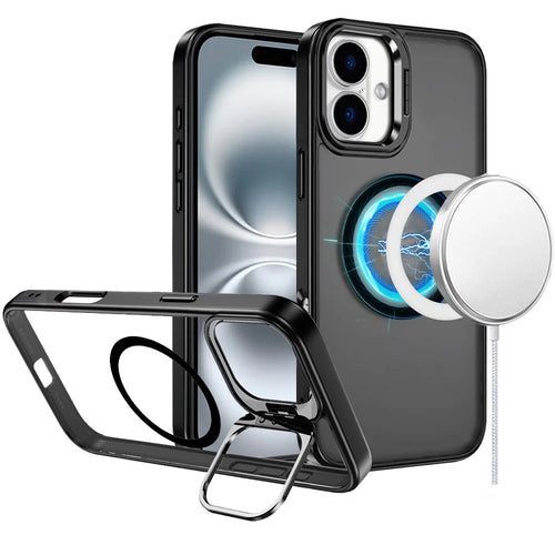 For iPhone 16 6.1 inch Fearless Tough HQ Metallic Hybrid with Camera Ring Stand [Magnetic Circle] Case - Black