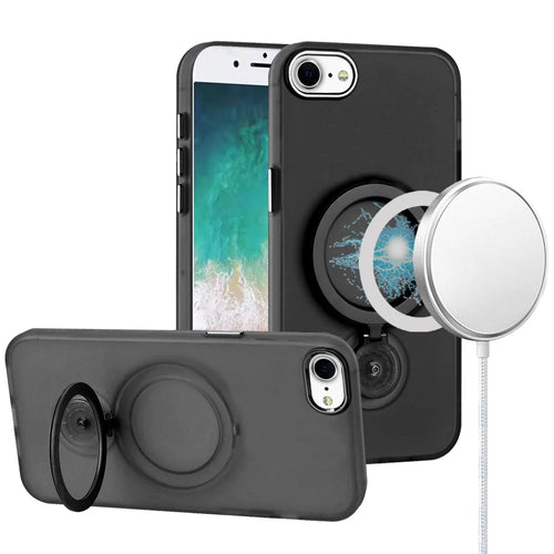 For iPhone SE4 Hoop Kickstand [Magnetic Circle] HD Transparent Chrome Hybrid - Black