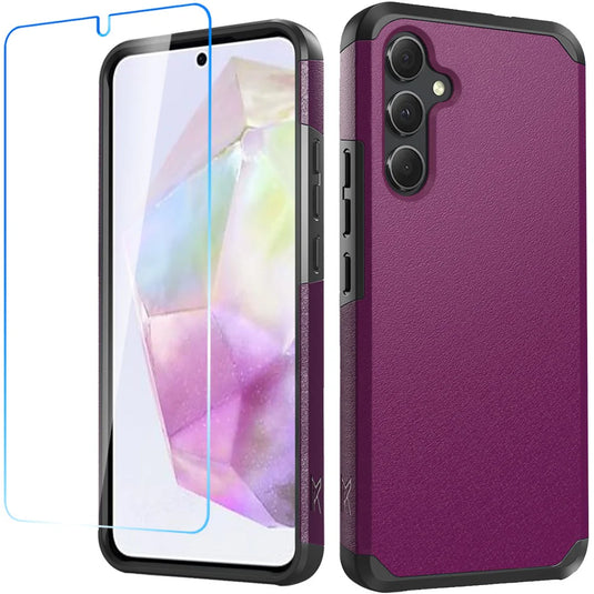 For Samsung Galaxy A36 / A56 Tough Strong Hybrid Case Cover + Tempered Glass - Dark Purple