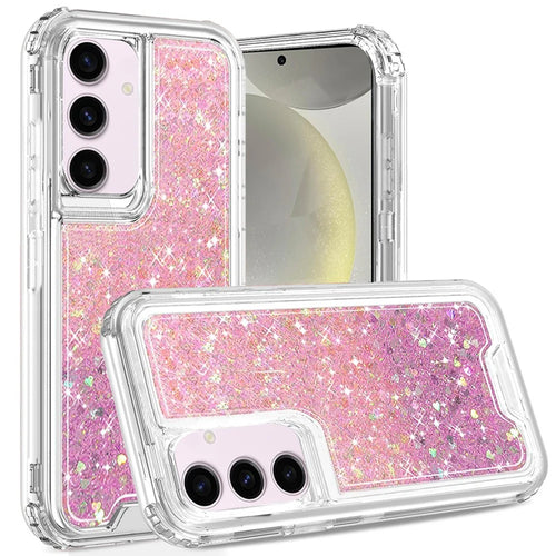 For Samsung s25/s24 Epoxy Sticker Glitter 3in1 Shockproof Transparent Hybrid Case - Pink + Light Purple