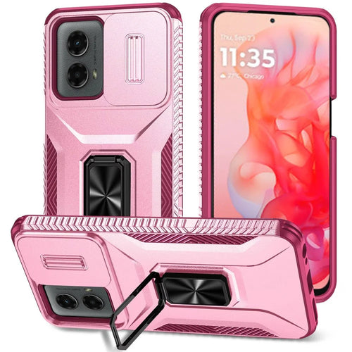 For Motorola Moto G Stylus 5G 2024 Complete Magnetic Metal Ring Stand Camera Protection Hybrid - Pink+Burgundy